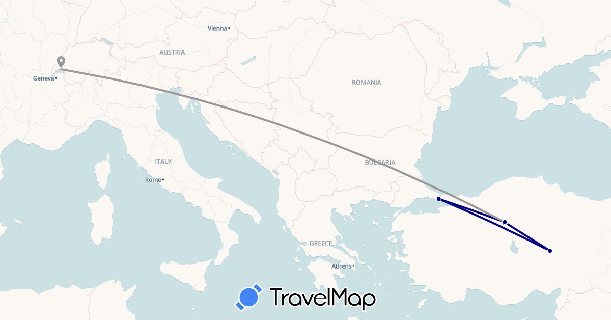TravelMap itinerary: driving, plane in Switzerland, Turkey (Asia, Europe)